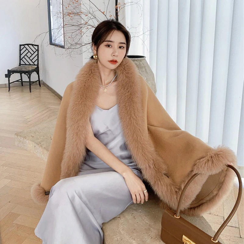 

Women Winter Real Cashmere Wool Shawl With Genuine Fox Fur Bigger Collar At Front Fashion Fox Fur Cashmere Poncho