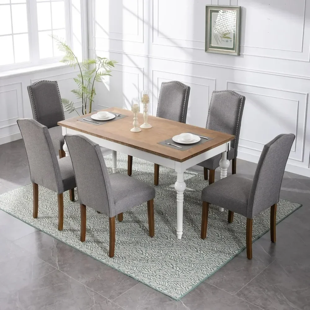 Fashionable fabric Parsons dining chair with nail head trim and sturdy solid wood legs, 6-piece set, smoke gray