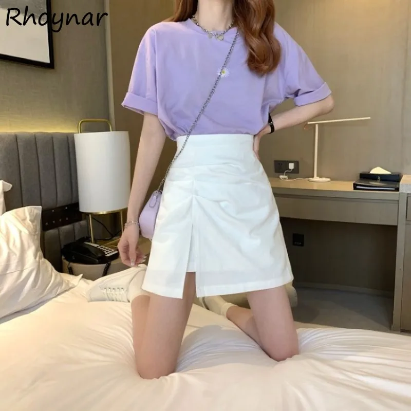 

Однотонные женские юбки трапециевидной формы с завышенной талией, простые универсальные тонкие плиссированные юбки с боковым разрезом в корейском стиле для отдыха, летние девушки