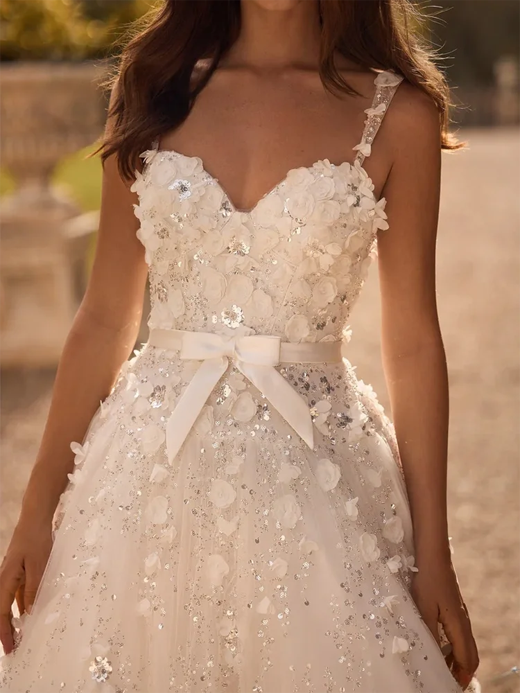 Abito da sera per applicazioni da sposa con fiocco a trapezio con cinturino per spaghetti in pizzo senza schienale abiti da ballo principessa per gala personalizzati ﻿