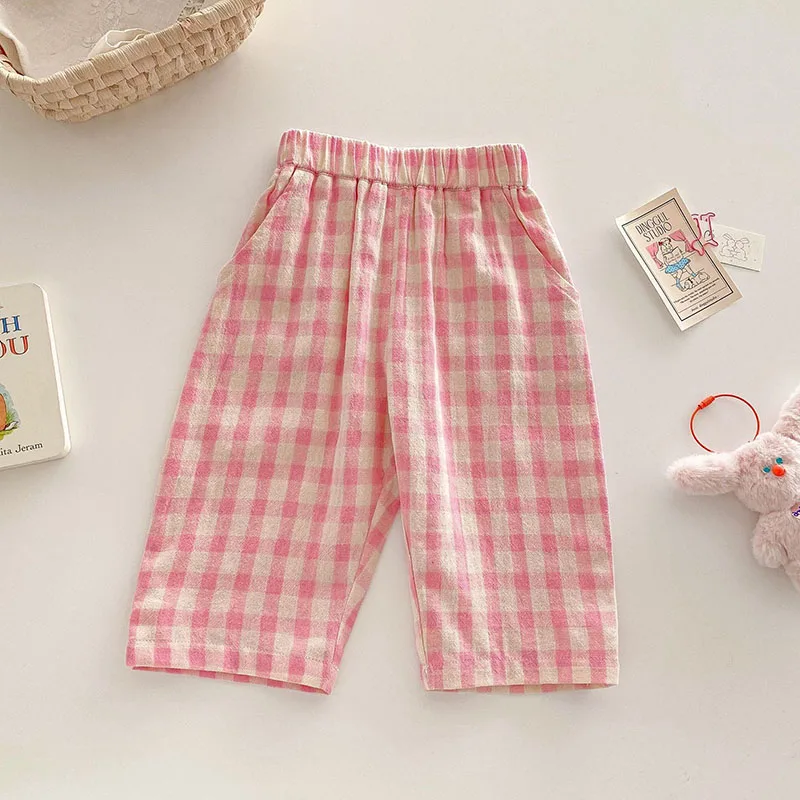 MILANCEL New Girls Pants  9M-5T Cute Pink Grid Kids Trousers Loose Summer Korean Children's Clothes