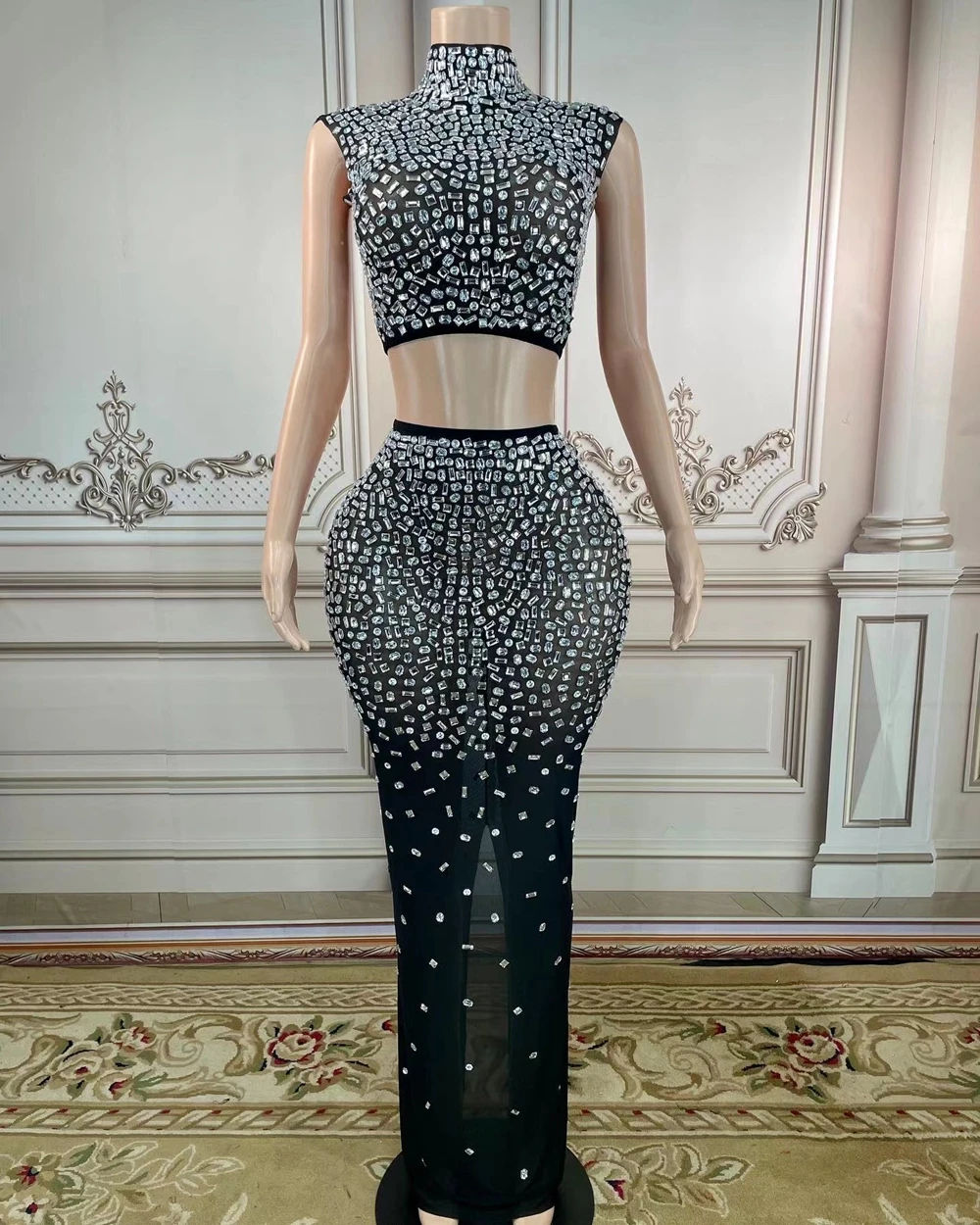 Sparkly Strass Top Lange Rok Sexy Transparante Stretchy Twee Stukken Set Vieren Avond Prom Gown Verjaardag Jurk Voor Vrouwen