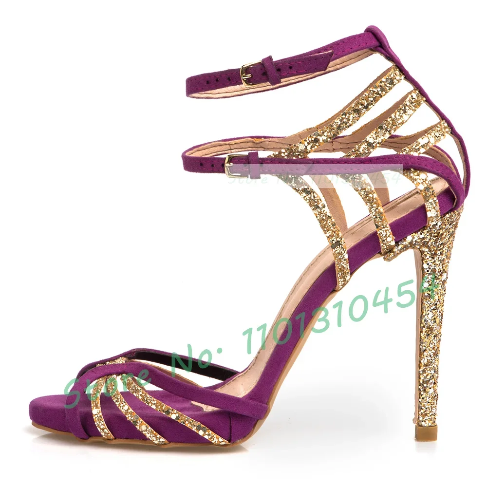 

Purple Suede Sandals With Glitter Detail Women Glittery Double Strap Fashion Shoes Ladies Peep Toe Gorgeous High Heels Sandals