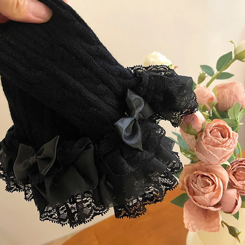 Lolita Bowknot Fake Sleeve for Women Girls Knitted Lace Ruffles Cuffs False Sleeves Gothic Fingerless Detachable Wrist Warmer