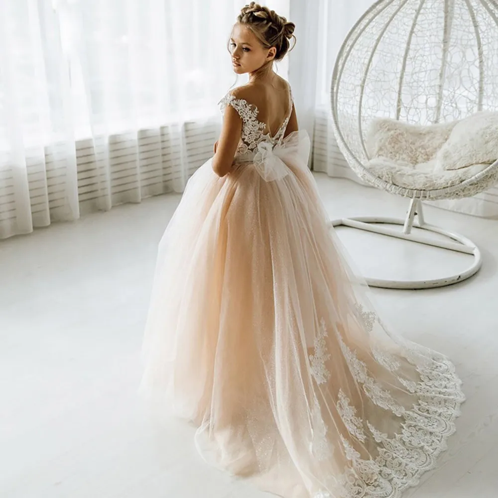 

Girl Dress Wedding 2023 Lace Tulle Backless Flower Girl Dresses Vintage Junior Bridesmaid Ball Gown First Communion 4 To 8 Years