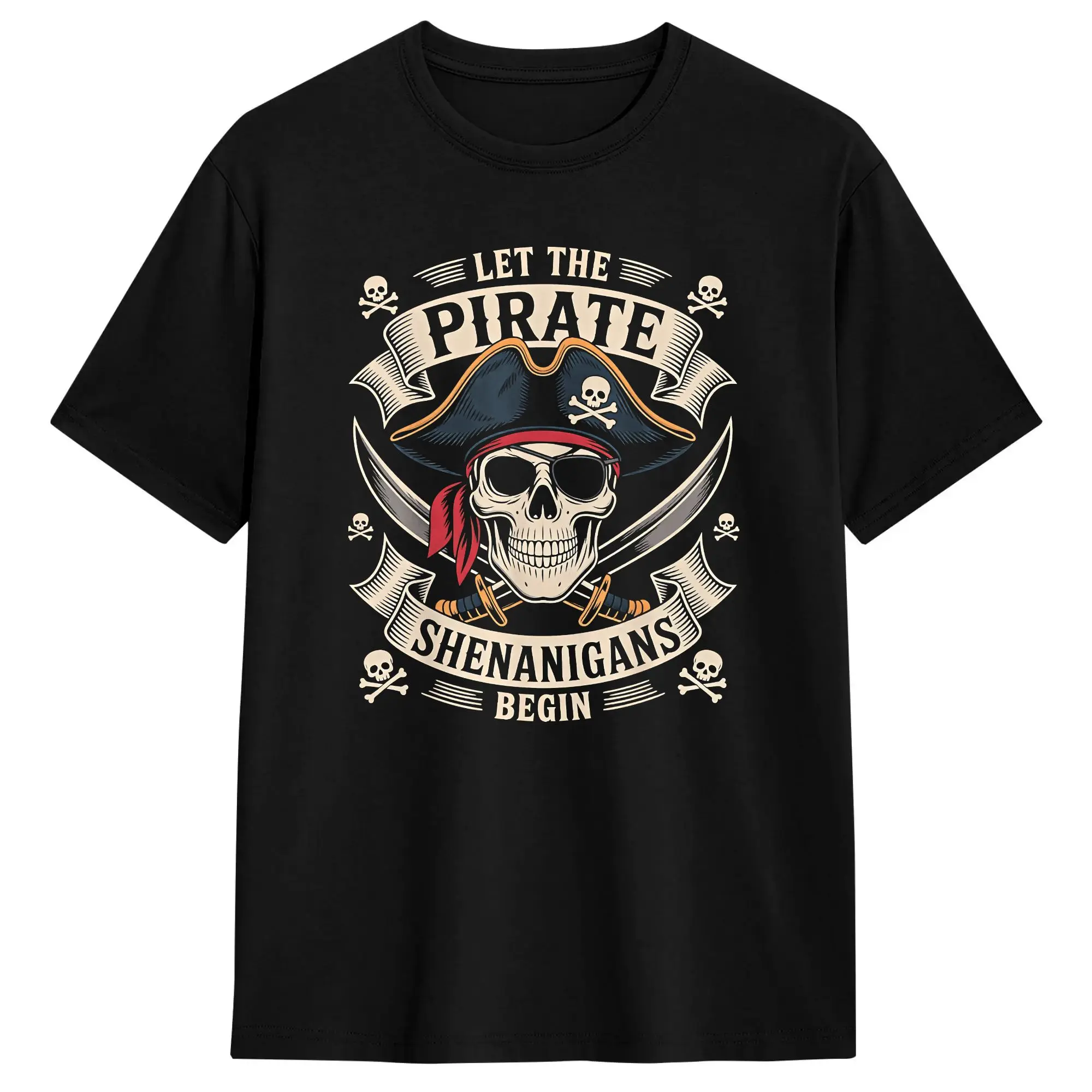 Pirate Halloween Skull Let The Pirate Shenanigans Begin T Shirts for Men 100% Cotton Fashion for Male T-Shirt Round Neck Tees