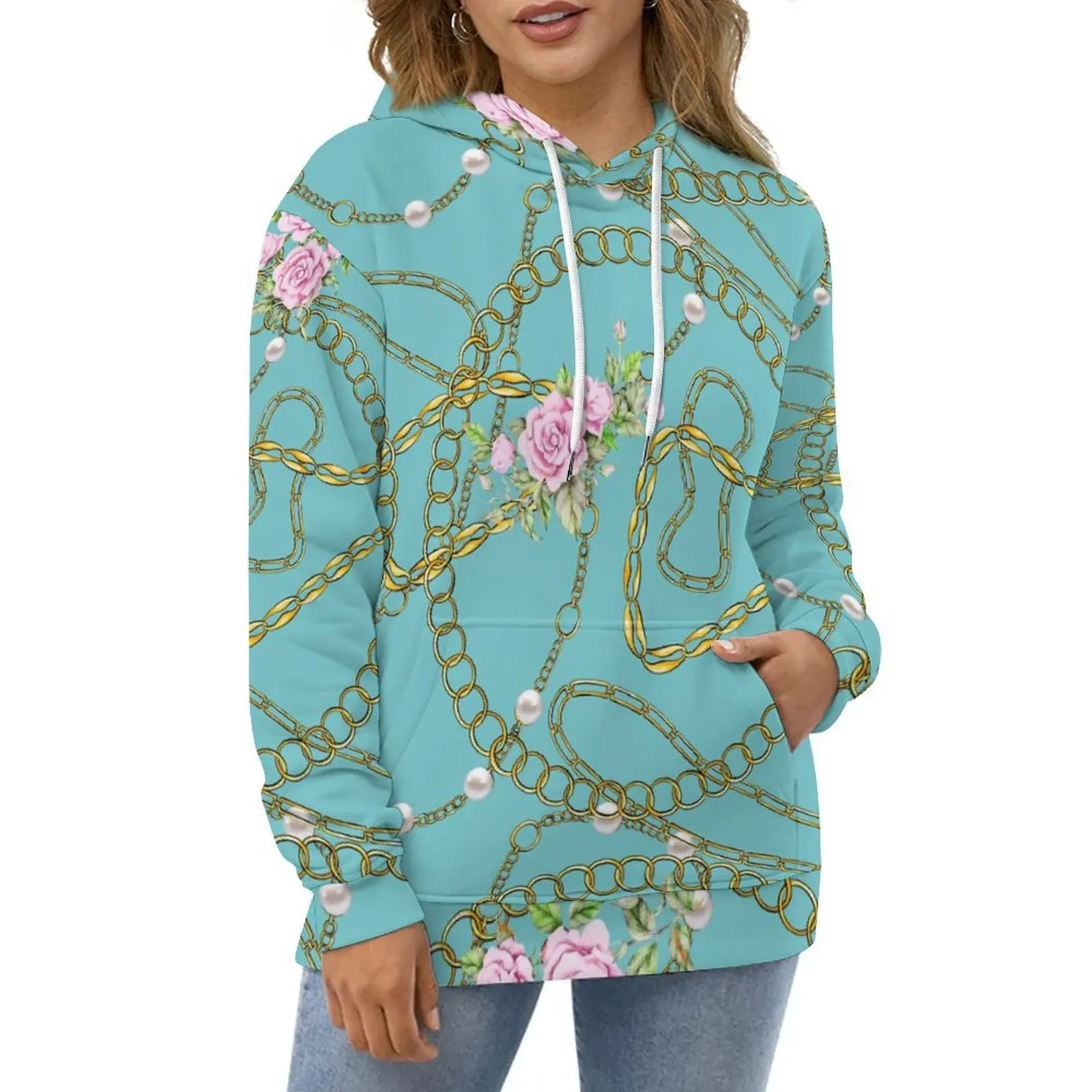 

Golden Chains Hoodies Long Sleeve Pink Floral Print Elegant Casual Pullover Hoodie Autumn Hip Hop Oversize Loose Sweatshirts