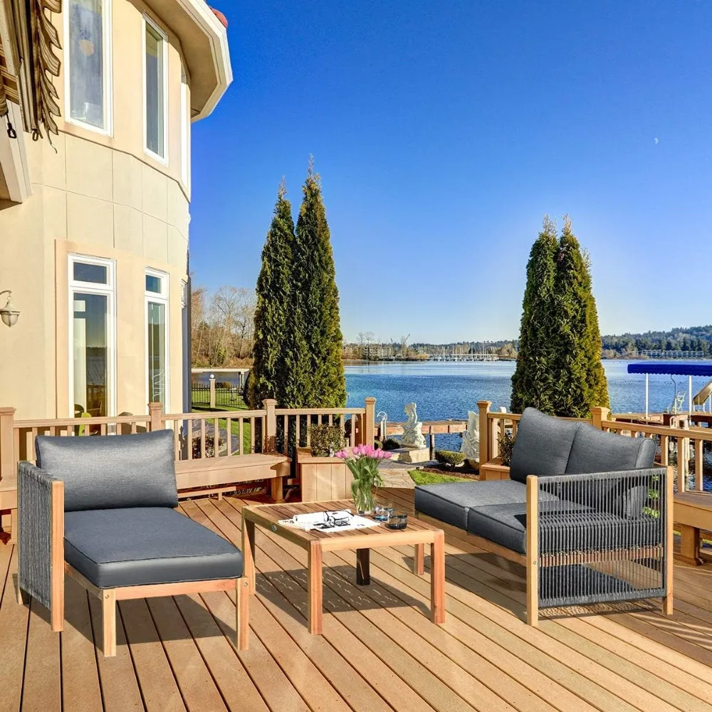 Conjunto de móveis para pátio externo de 3 peças, sofá secional de madeira de acácia com almofadas de assento, sofás de assento de conversa de madeira e café ta