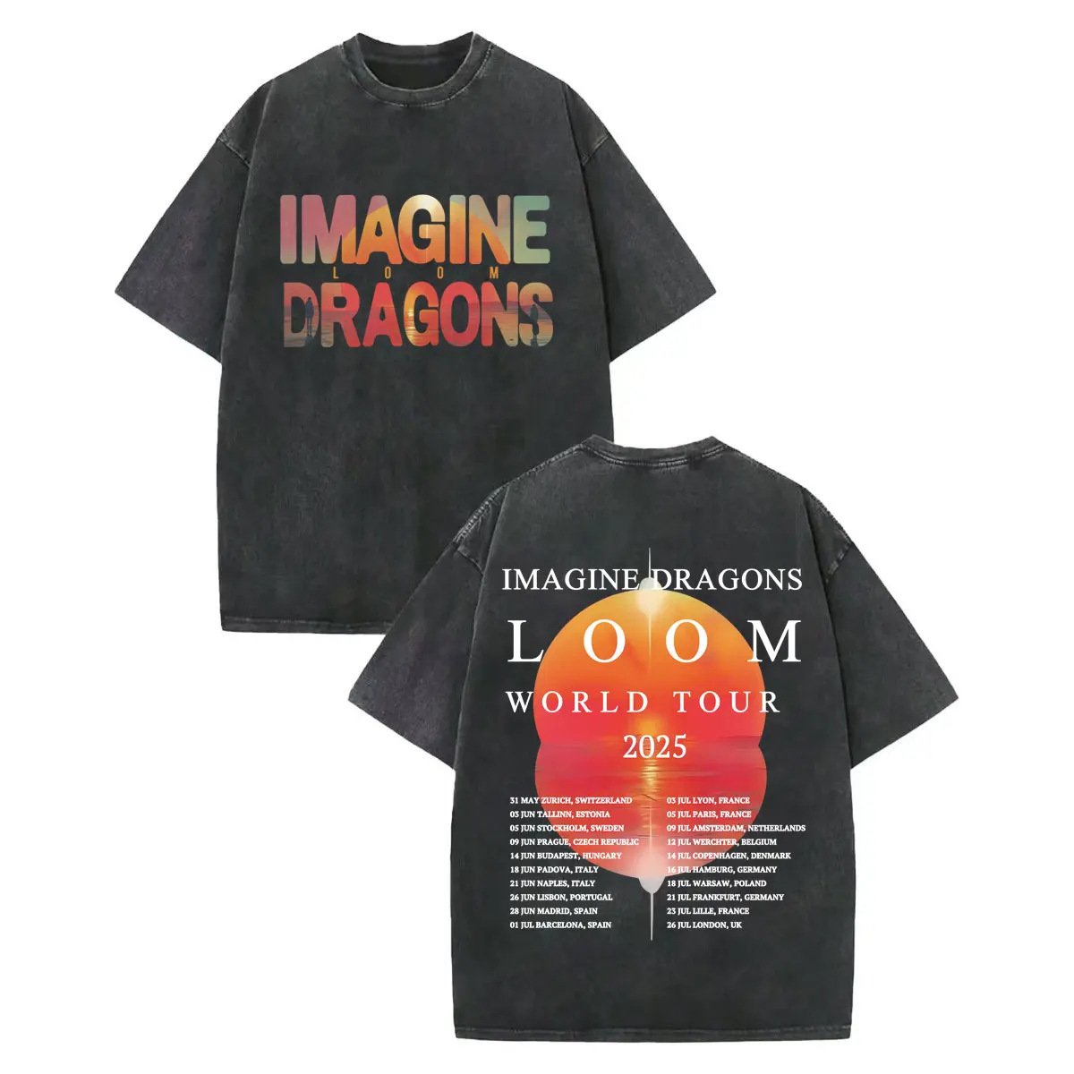 

Vintage Washed Imagine Dragons Loom World Tour 2025 T Shirt Rcok Hip Hop Short Sleeve T-shirt Men Women Casual Fashion T-shirts