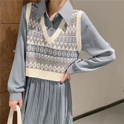 Vintage Argyle kamizelka z dzianiny kobiet dekolt bez rękawów swetry oversize kobiet kamizelka topy jesień Casual Loose sweter kamizelka