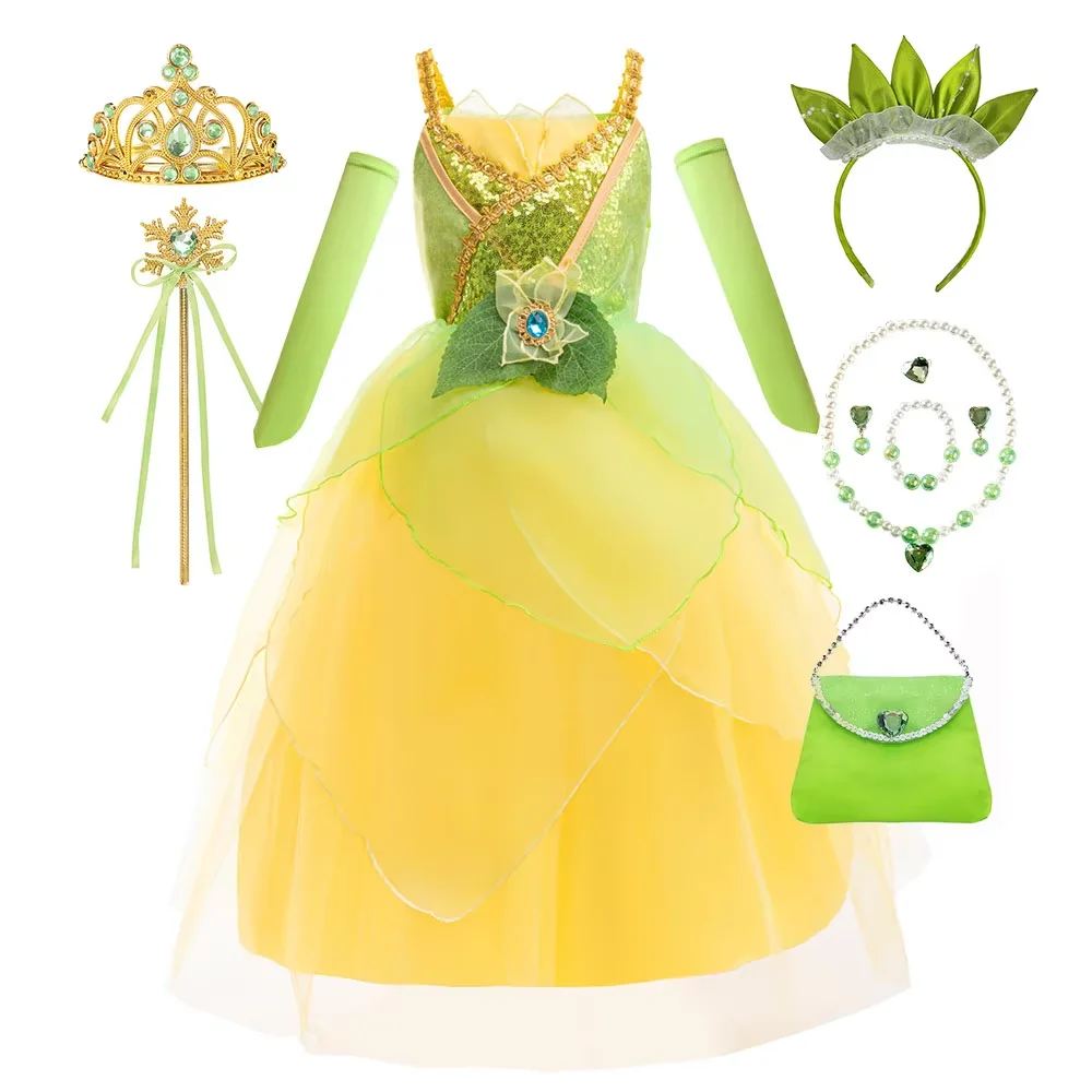 Disfraz de Princesa y Rana de Cuento de Hadas 2026, Vestido de Gala Tiana con Guantes, Vestido de Tirantes de Lujo para Niñas de 2, 4, 5, 7 y 8 Años, Carnaval