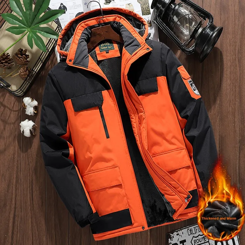

Men's Thiened Warm Cotton Jaet Winter Outdoor Workwear Windproof Hooded Coat Large Size Loose Outerwear for Youth