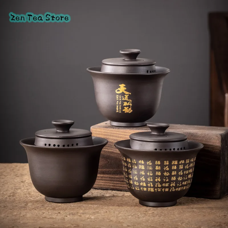 Purple Sand Kung Fu Tea Set Three Cover Bowl Hand Grab Pot Retro Tea Home Creative Master Cup Anti-hot Chinese Tea Bowl