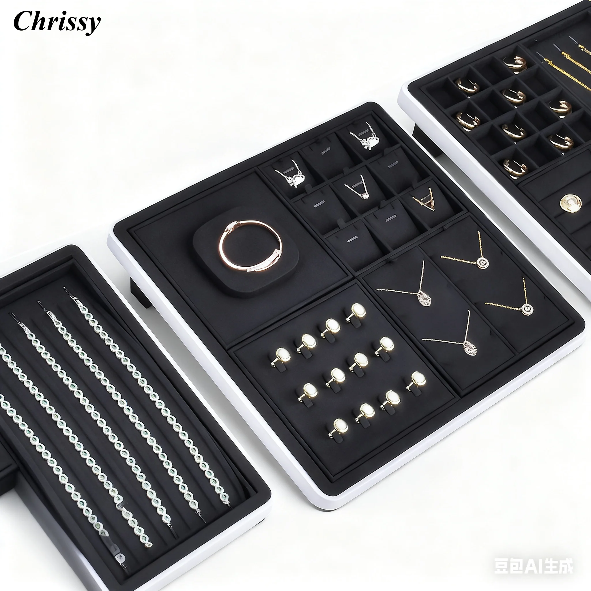 

Luxury Black Microfiber Jewelry Display Set, Anti-Scratch Velvet-Like Stands & Trays for Gold Pearl Jade, Protective Showcase Co