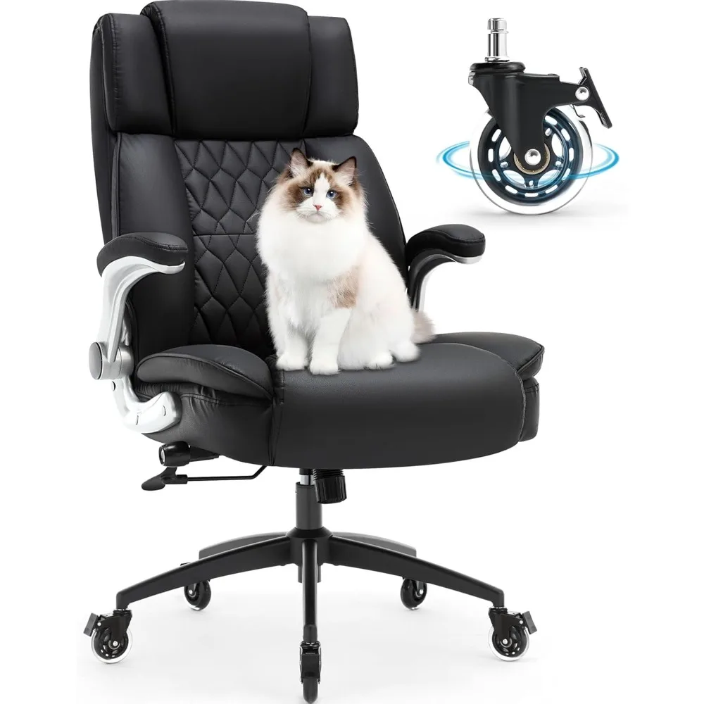 

Large High Back Office Chair with Flip Arms- Executive Desk Chair with Locking Wheels, Adjustable Lumbar Support, Ergonomic Synt