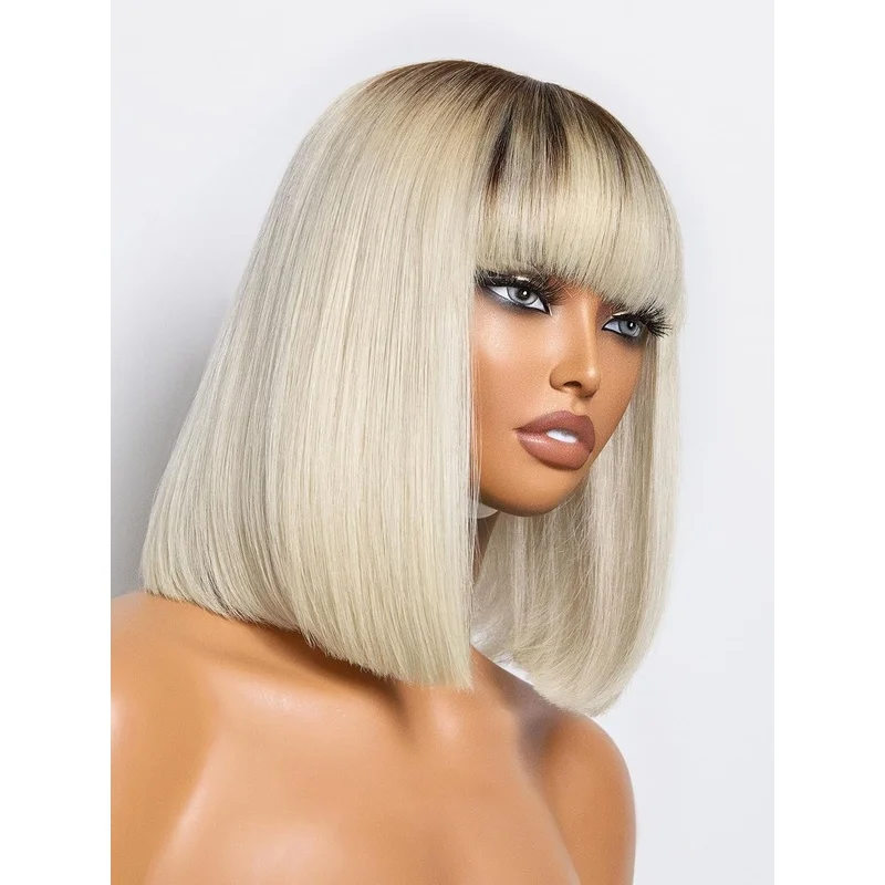 Ombre Blonde Bob Wig with Bangs Human Hair, Silky Straight Platinum Blonde Wigs