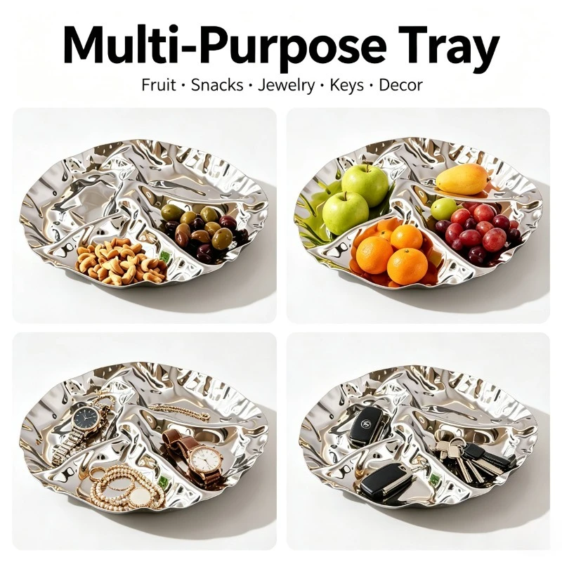 Stainless Steel Fruit Tray Divided Wrinkled Texture Snack Plate Compartment Nut Olive Dish Trays Modern Art Luxury Table Decor