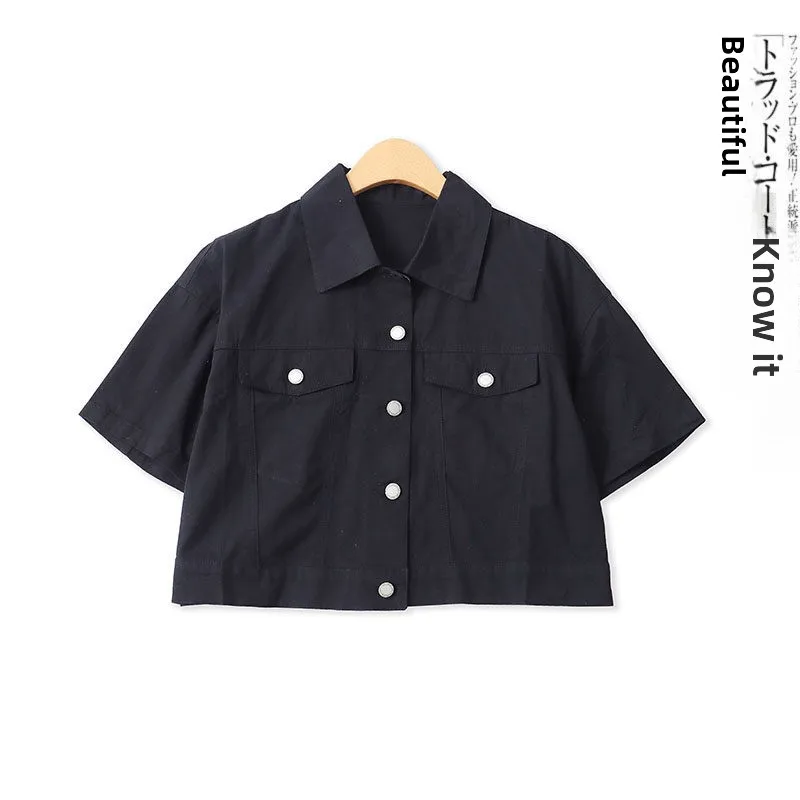 

Casual Style Cotton Workwear Jacket Short Loose Fit Short Sleeve Turn-down Collar Front Button Summer New Women's Outerwear