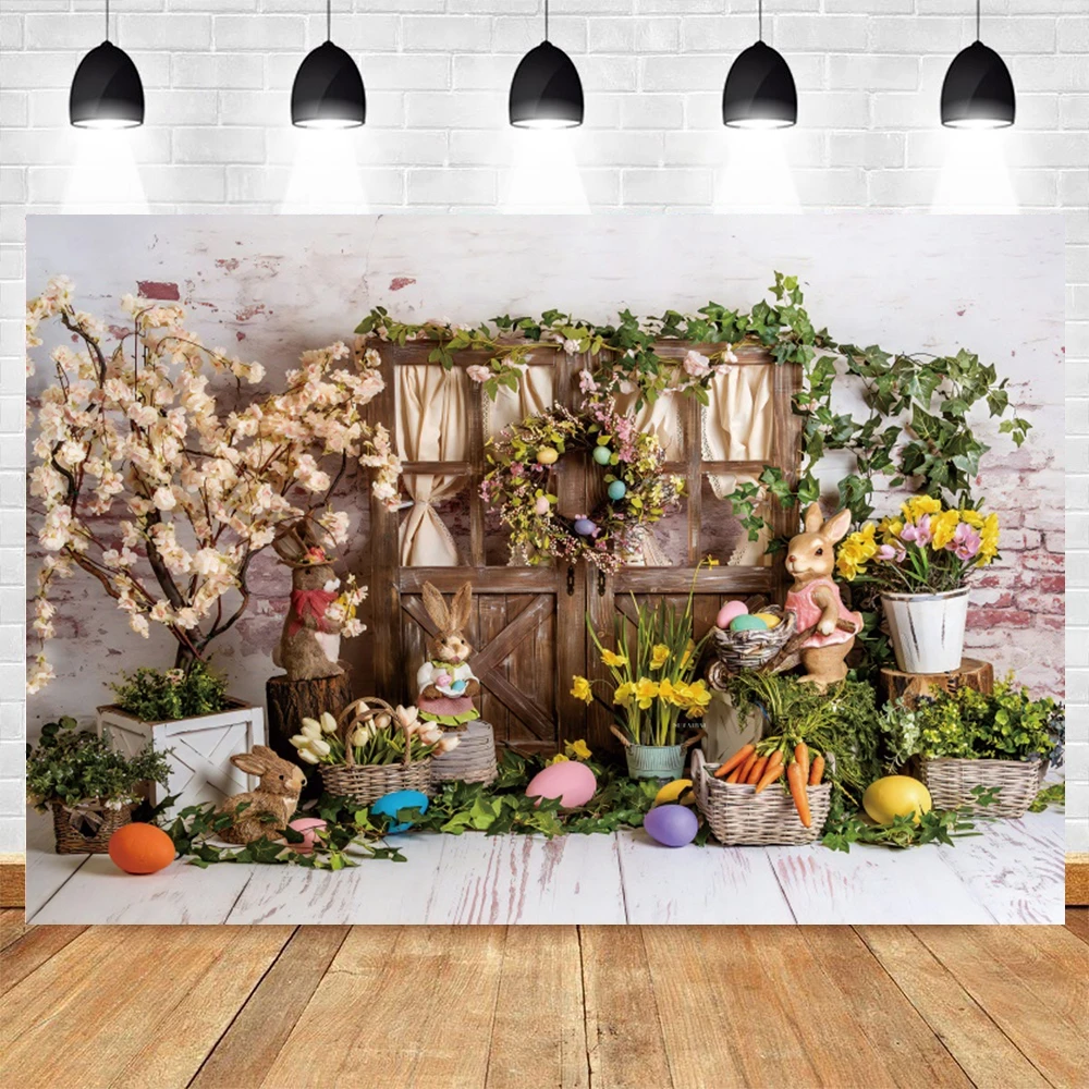 Spring Easter Flower Background for Photography Wooden House Floor Rabbit Bunny Egg Newborn Baby Portrait Backdrop Photo Studio