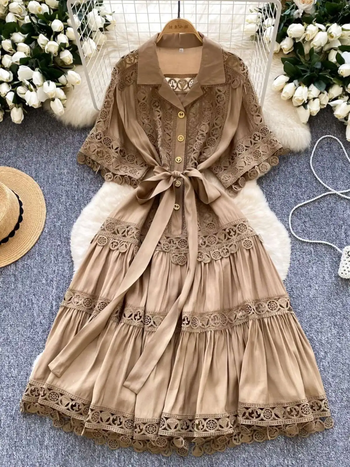 Luxury Hollow Out Midi Dresses Shirt Women Summer Holiday Elegant Single Breasted Button Lace Belt Embroidery Party Long Vestido