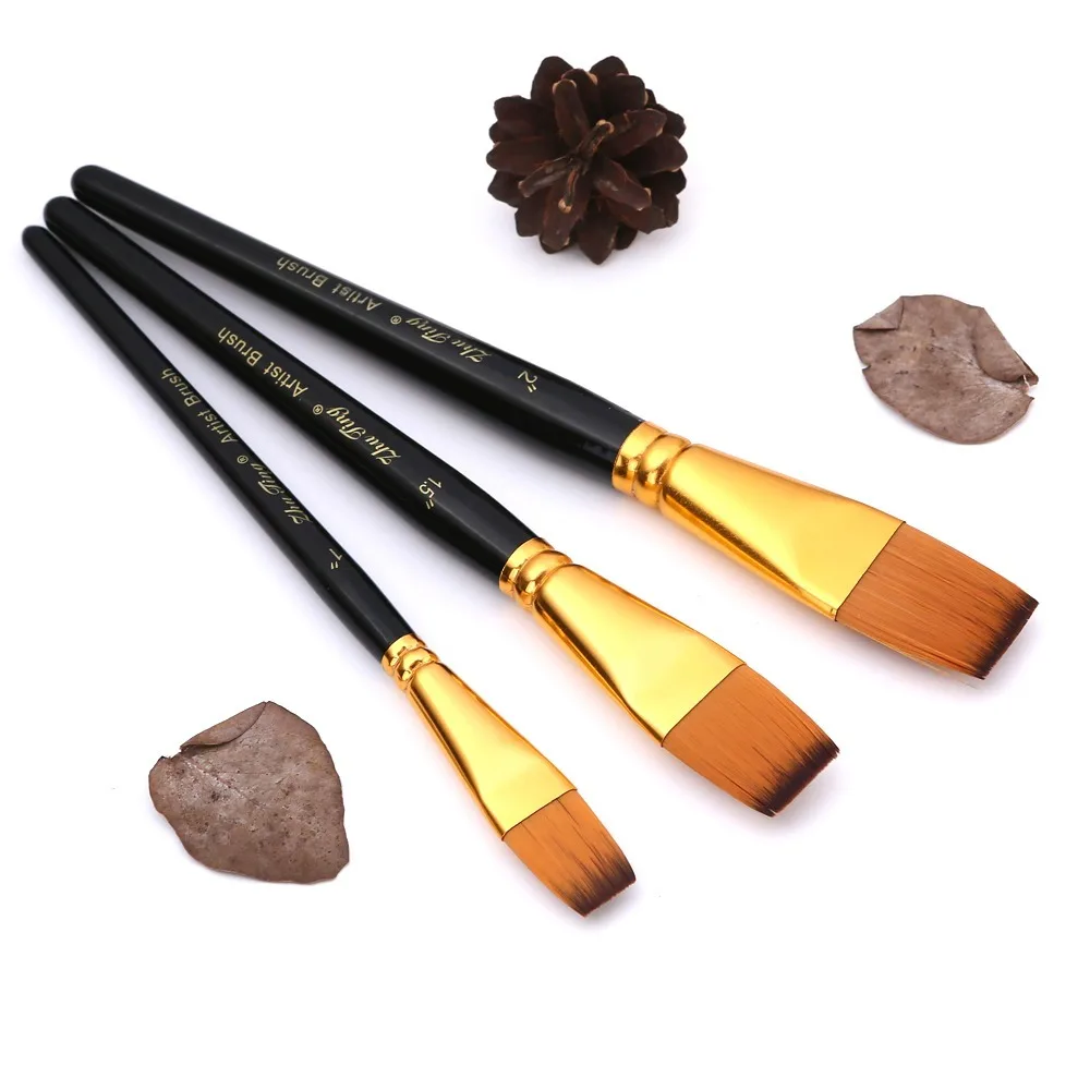 3Pcs Nylon Hair Paint Brush Set Wooden Handle Flat Shape Artist Paint Brushes Short Handle Practical Flat Paintbrush