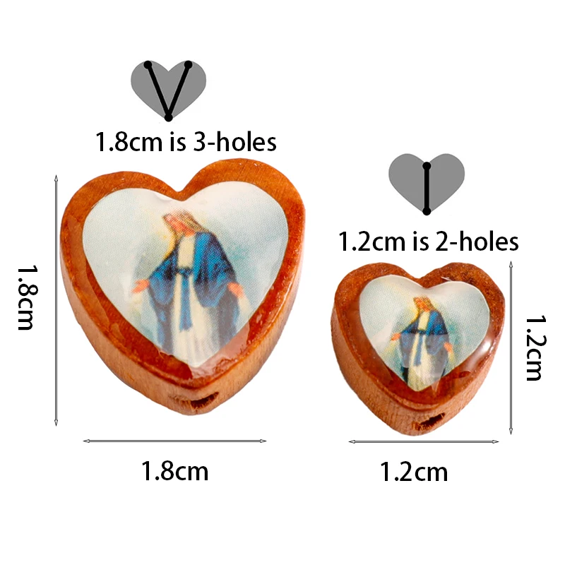 20pcs Heart-shaped Virgin Mary Wood Beads Kit for Jewelry Making Religion Diy Accessory 1.2cm-2holes /1.8cm-3holes