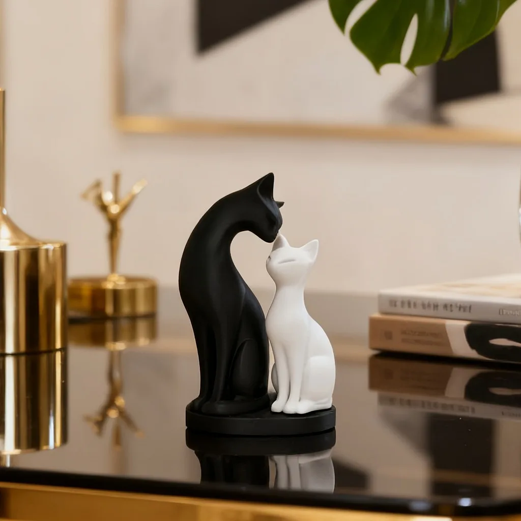 Abstract Couple Cat Sculpture Modern Ceramic Statue Ornament Animal Miniature For Home Office Desktop Decoration