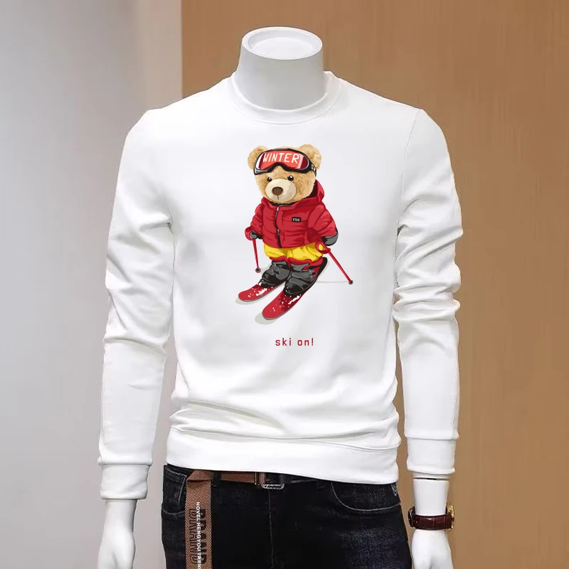 

Harajuku Men Graphic Sweatshirts Ski Bear Long Sleeve T-shirt 100% Cotton Trendy Loose Overfit Long Tee Sports Top Men Clothing