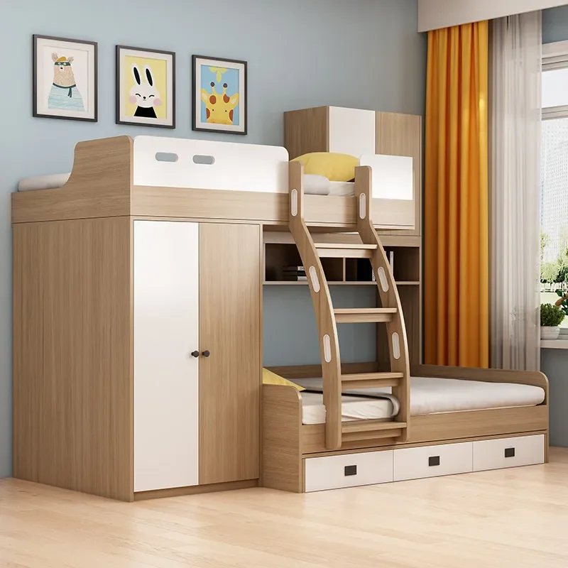 for Dislocation Type Upper and Lower Bunk Beds with Wardrobes Small Apartment Children Mother and Child Solid Wood Beds