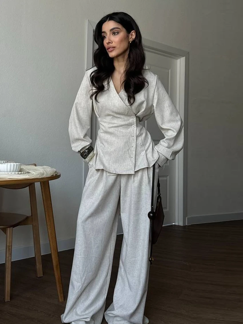 

Marthaqiqi осенний женский комплект ночных рубашек с v-образным вырезом, ночная рубашка, пижамы с длинными рукавами, широкие брюки, модная женская одежда для сна, костюм из 2 предметов