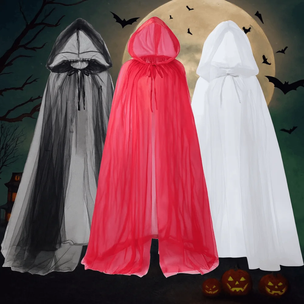 

Simple Transparent Mesh Ghost Cloak Dress Up Lace Up Women Halloween Costume Cosplay Accessories Hooded Cloak Party