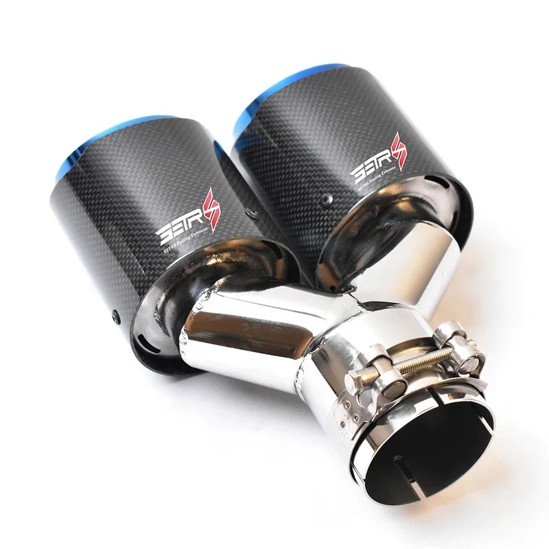 High Quality Setrs Double Universal Burnt Blue Car Muffler Tips Equal Length Glossy Carbon Fiber Modification Tail Pipe