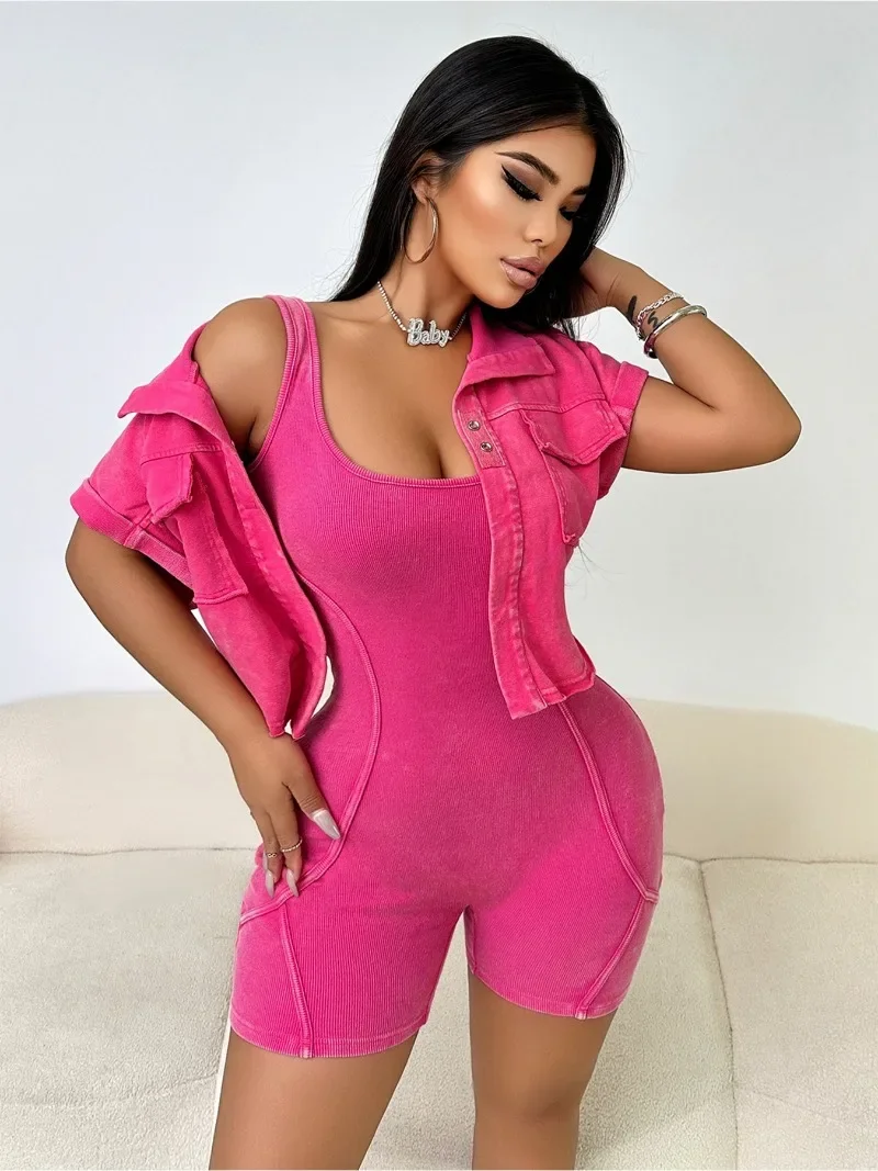 

Cotton Ribbed 2 Piece Set Fashion Sexy Women Solid Skinny Playsuits + Turn Down Collar Short Sleeve Coats Casual Slim Streetwear