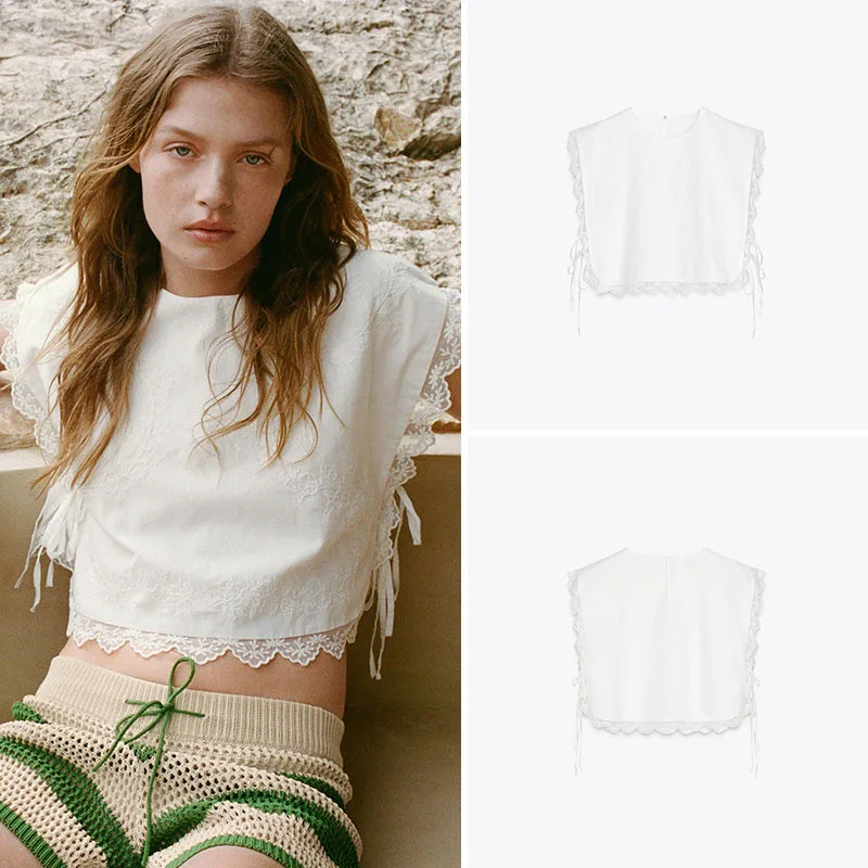 

New Summer Women's round Neck Embroidered Blouse Knot Decoration Ethnic Style Stage Costume for Ages 20-50