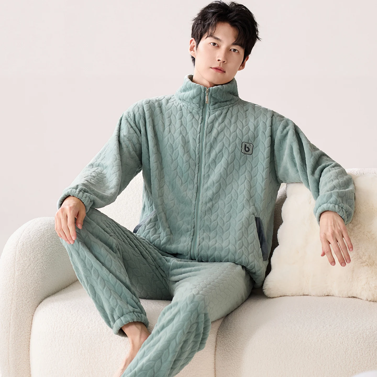Stand-Up Collar Tops+Pants 2PC Winter Coral Fleece Zipper Cardigan Suit Warm Men Pajama Set Thick Flannel Sleepwear Male Pijamas