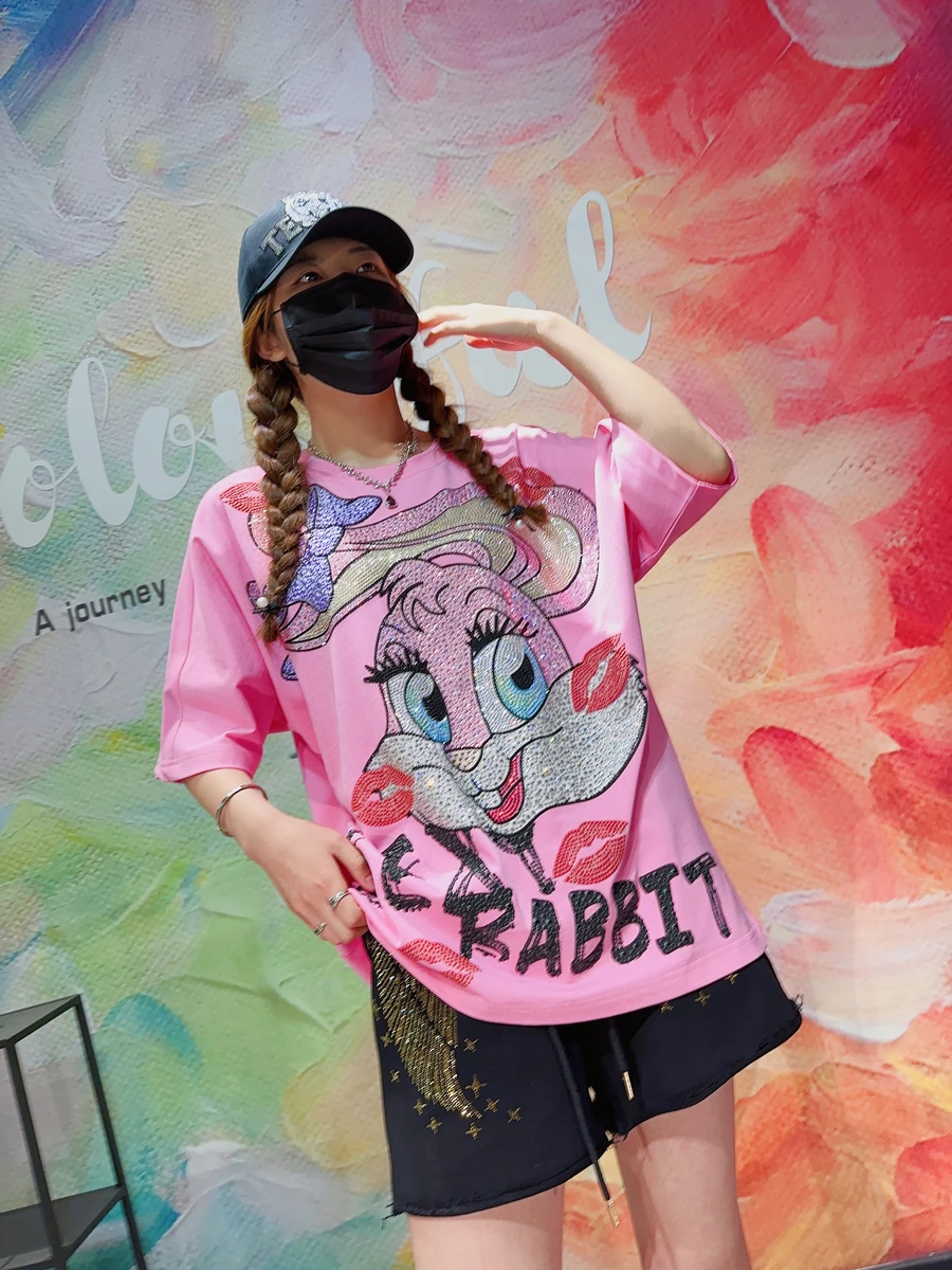 Luxury Blingbling Pink Bunny Hot Drilling Short Sleeve T-shirt 2023 New Summer Cute Age Reduction Oversize Top Mid-long Tshirts