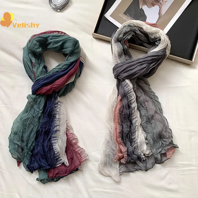 

Теплый холодостойкий шарф в стиле ретро в этническом стиле, женский мятый шелковый шарф, длинные складные шаль с постепенным изменением цвета, модный платок, подарки