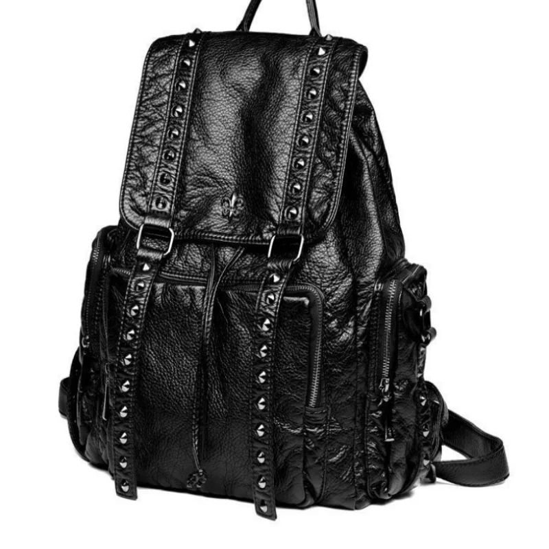 Bolso de hombro doble con remaches de cuero, bolso de viaje informal a la moda para mujer, bolso de viaje suave de gran capacidad, equipo para motocicleta