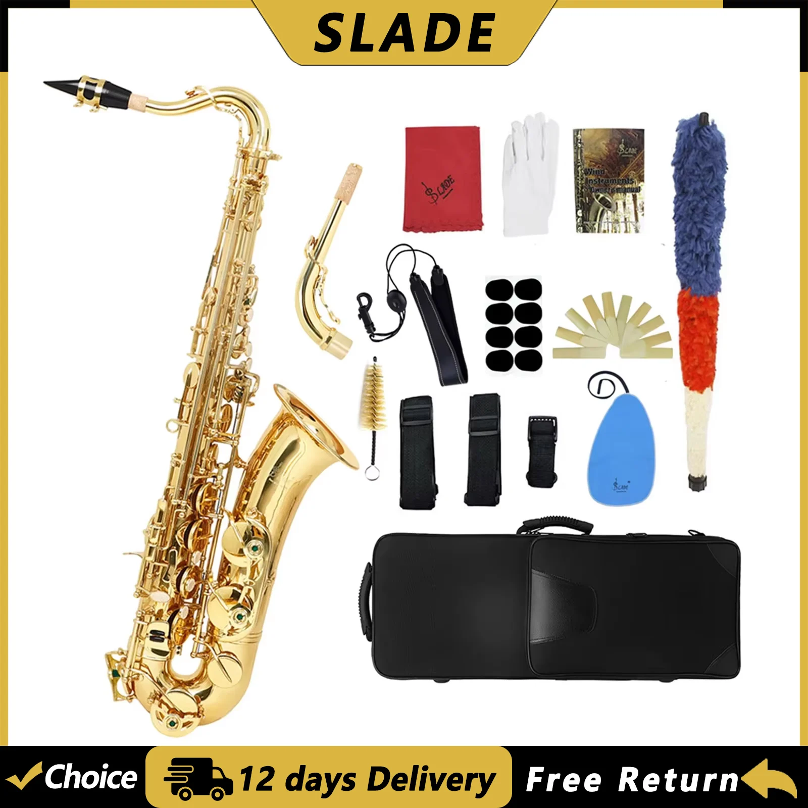 SLADE Brass Body Alto Saxophone Carved C Key Sax Professional Woodwind Instrument Saxofone with Case Reeds Parts & Accessories