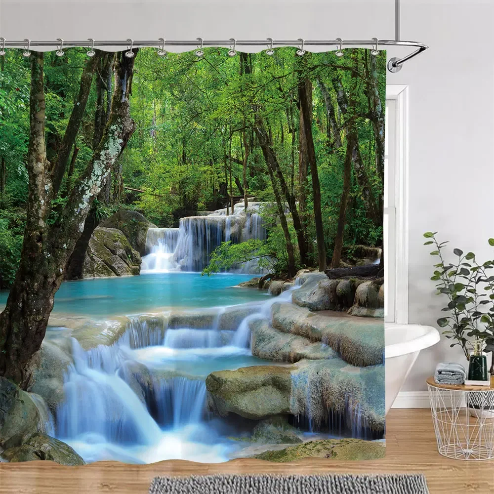 Sunshine Green Forest Brown Window Shower Curtains Trees Plants Nature Landscape Polyester Bathroom Curtain Set Decor With Hooks