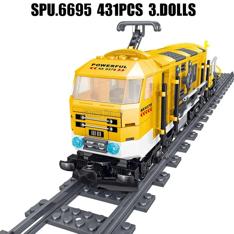 Ql0308ตุ๊กตาบล็อกตัวต่อของเล่นรางรถไฟสีเหลือง431ชิ้น