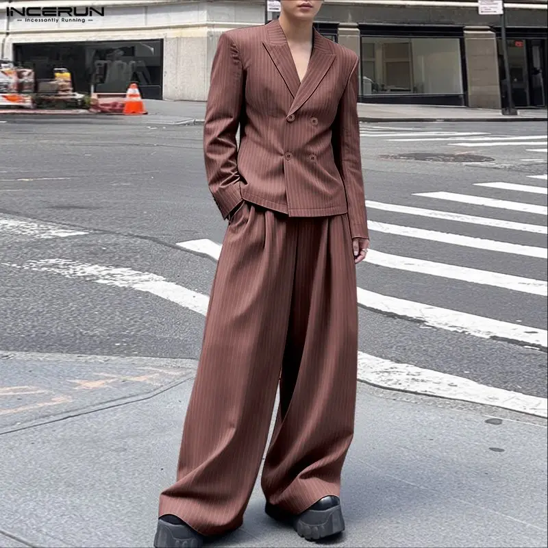 

INCERUN мужские полосатые комплекты двубортный пиджак с длинными рукавами и брюки комплекты из двух предметов уличная одежда элегантные модные мужские повседневные костюмы