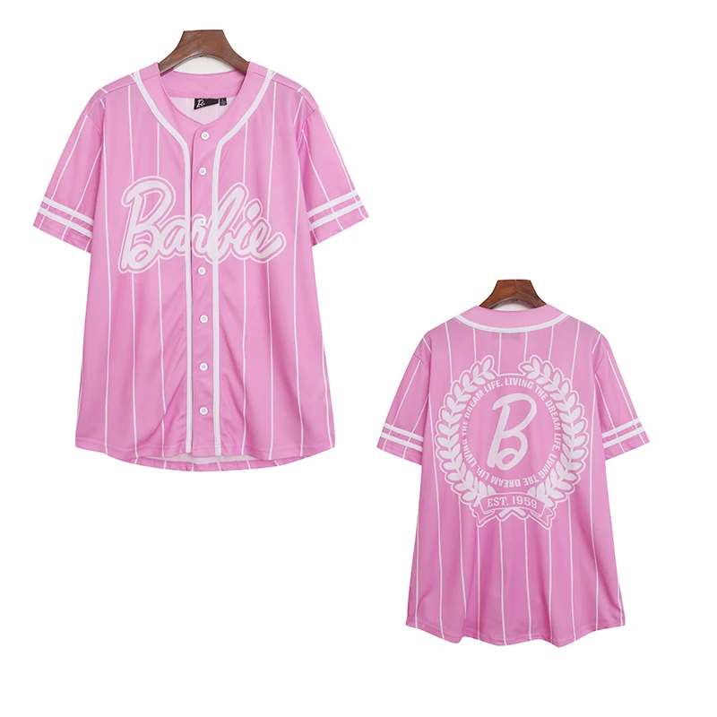 Barbie Camiseta deportiva al aire libre para niña, uniforme rosa de béisbol cómodo, cárdigan de manga corta de secado rápido transpirable, camiseta suelta