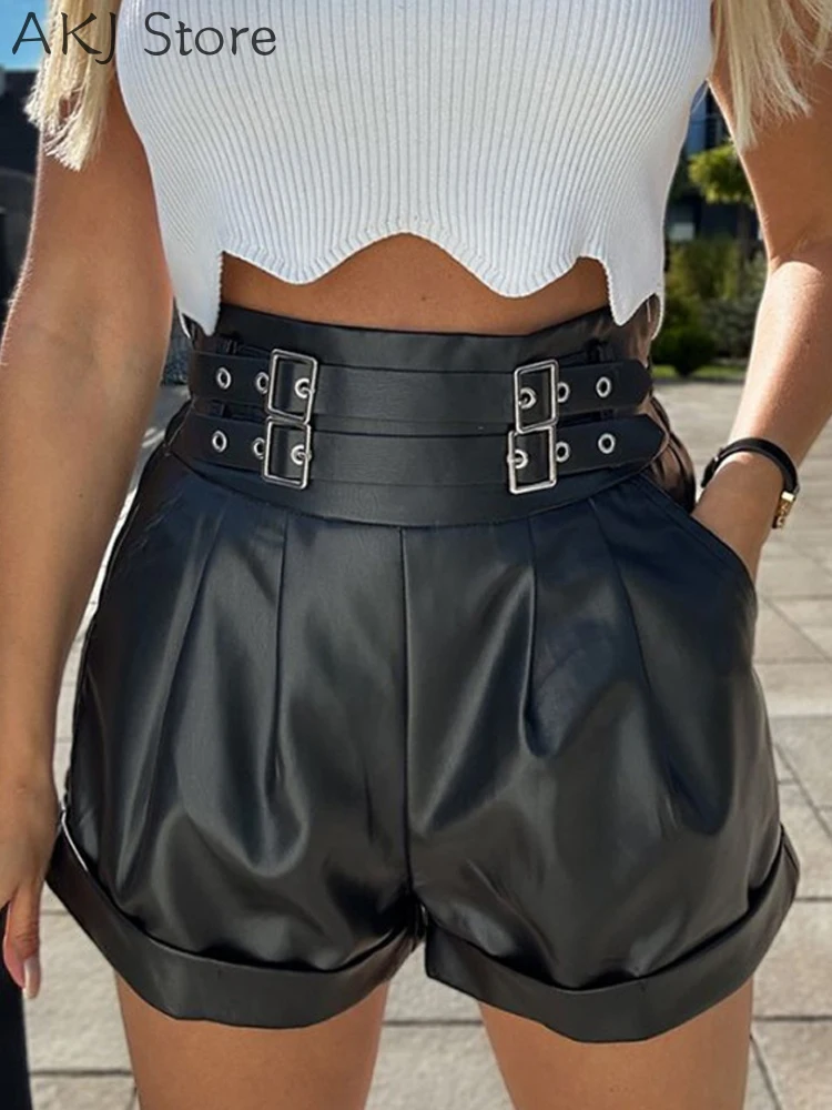 

Women PU Leather Buckled Ruched Pocket Shorts