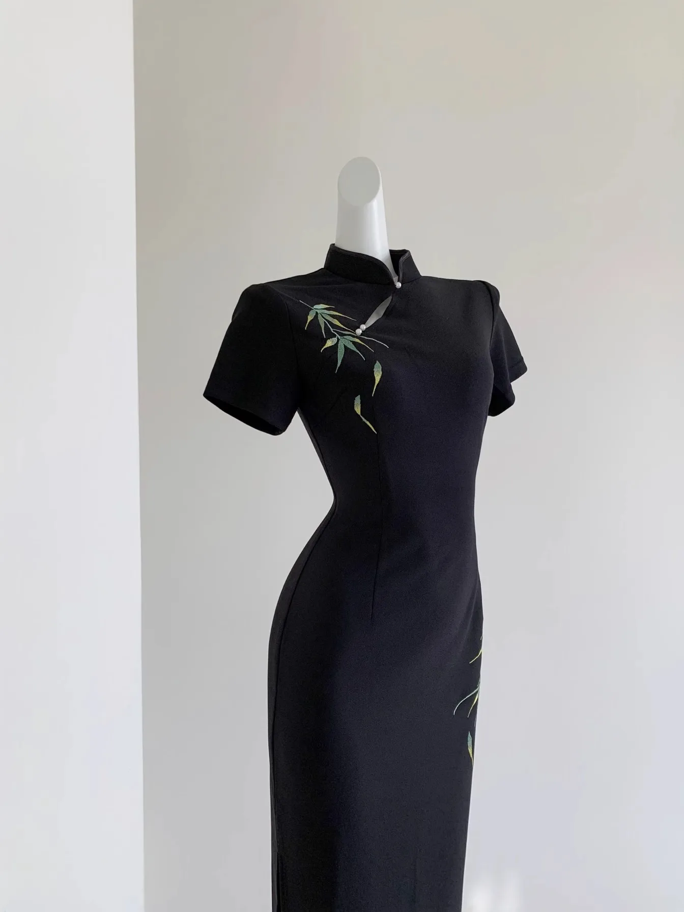 

Элегантное черное бамбуковое вечернее платье-ципао с узором, длинное, из дышащей полиэстеровой ткани