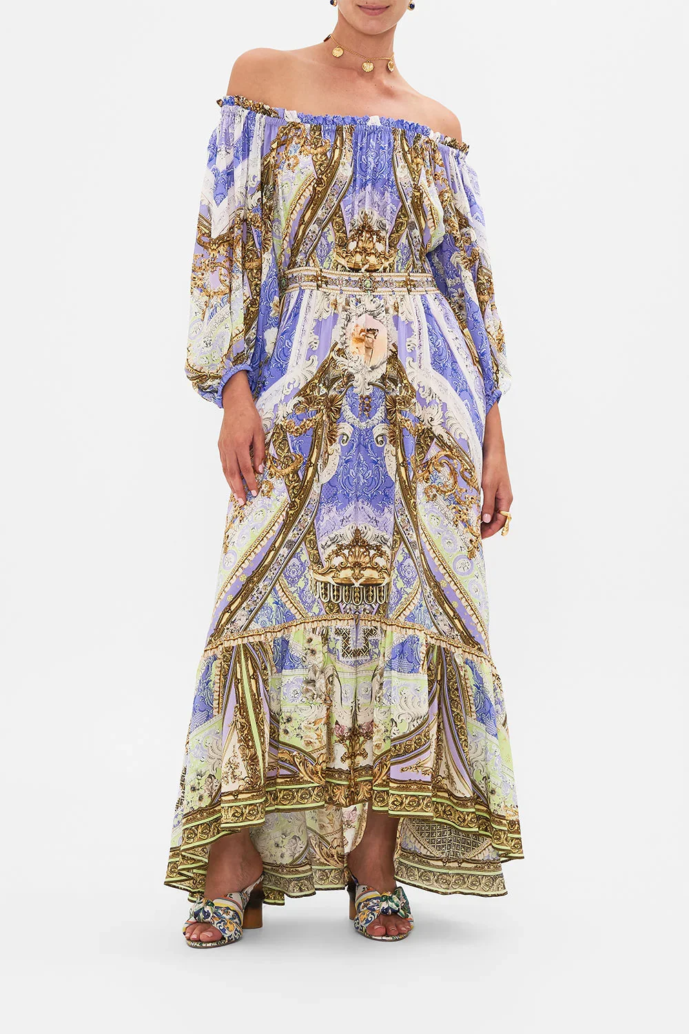 

100% Silk Women Blue Flower Print Long Dress Crystal Beaded Slash Neck Lantern Sleeve Loose Vintage Robe