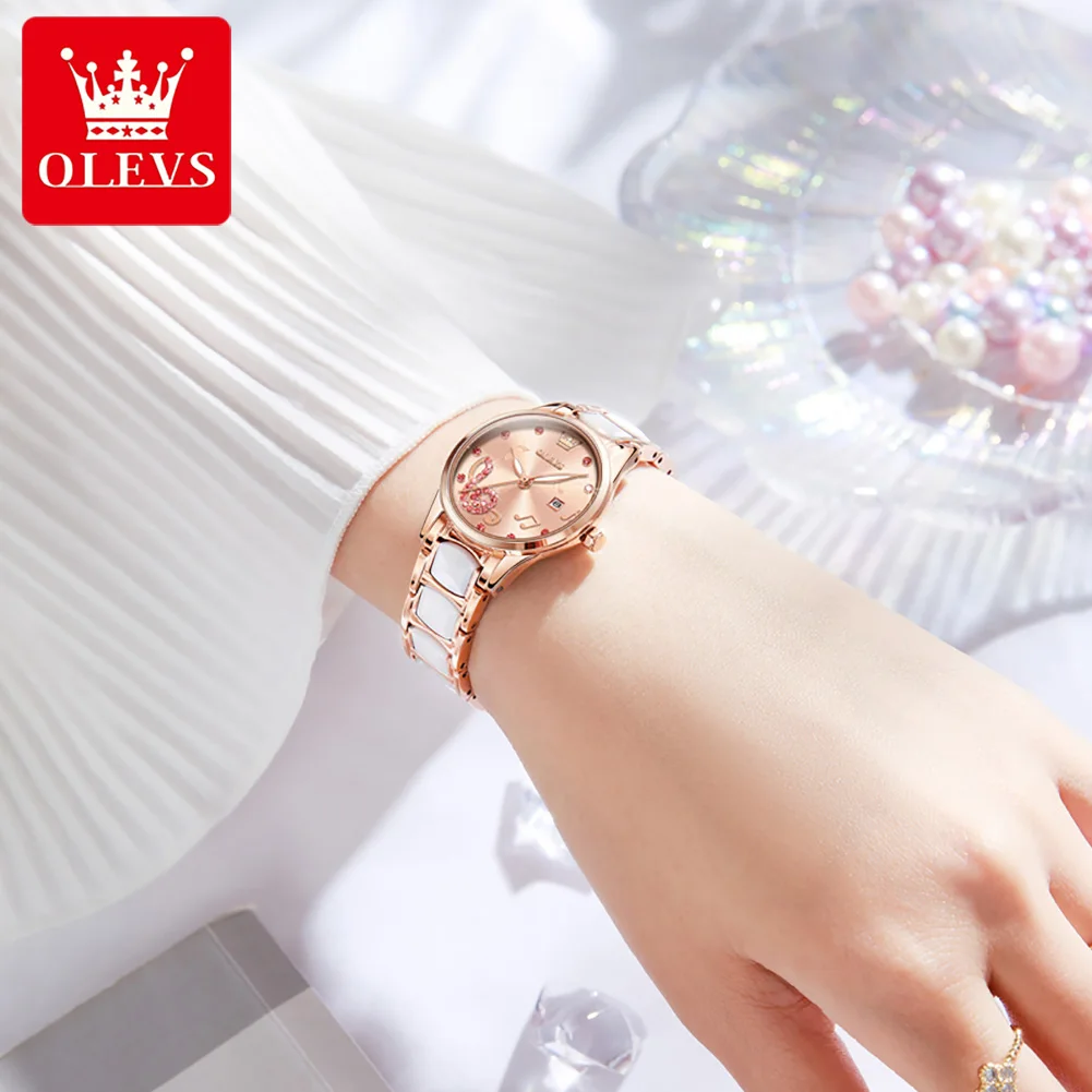 3 Stks/set Olevs Vrouwen Waterdicht Keramiek Horloge Luxe Kleurrijke Diamant Quartz Polshorloge Dames Ketting Armband Horloge Horloge Cadeau Set