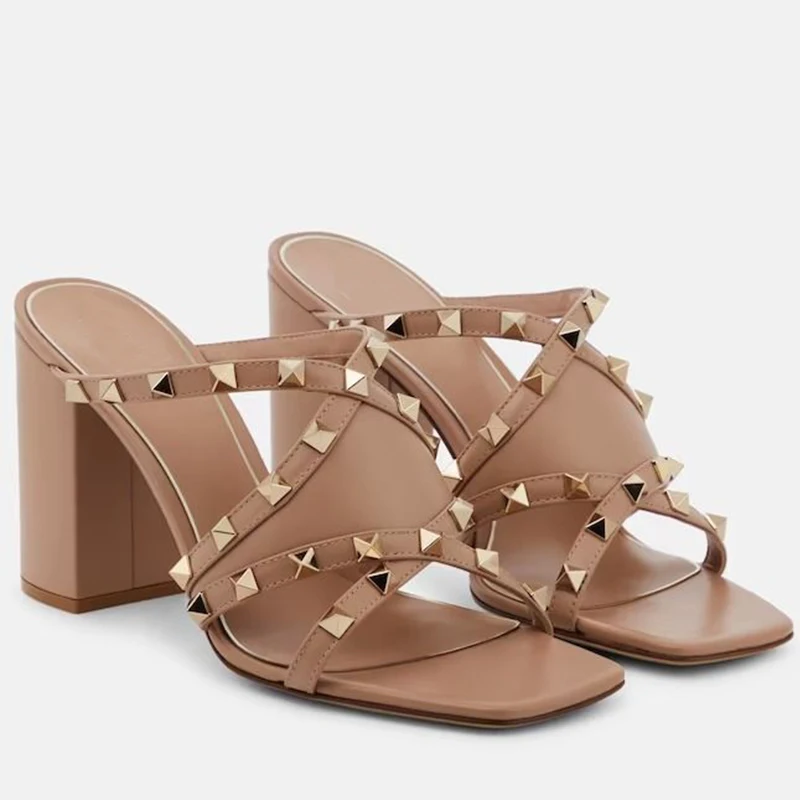 شباشب كعب سميك بمقدمة مربعة سهلة الارتداء، صنادل عصرية كبيرة الحجم، أحذية نسائية #2