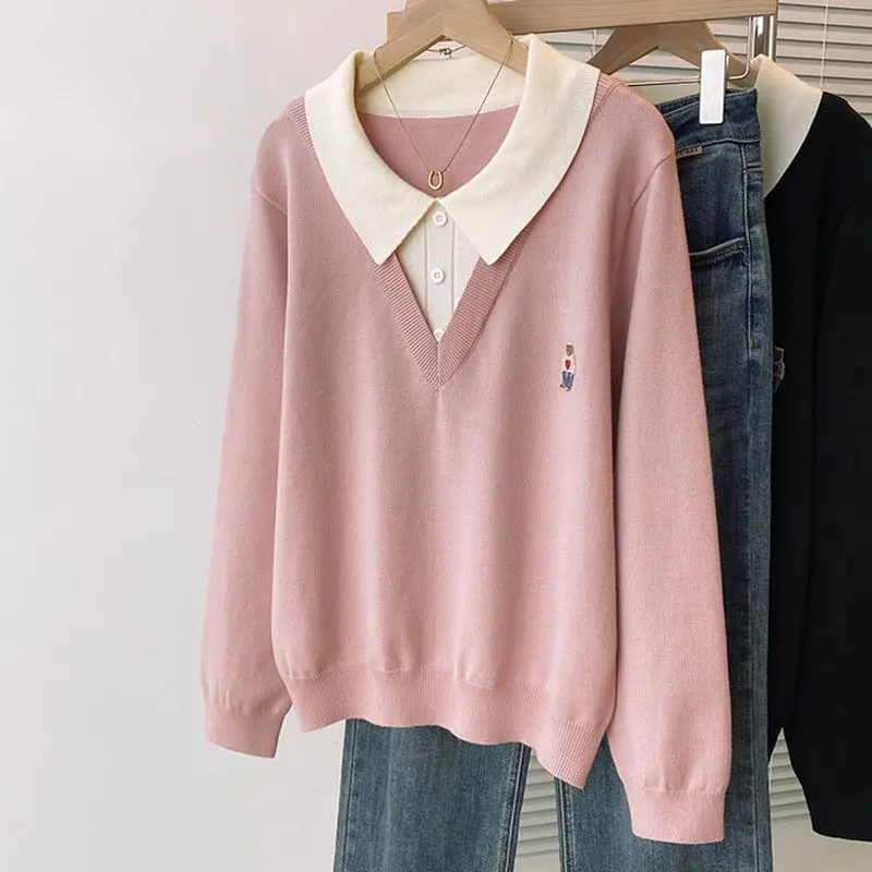 

Fashionable Polo Collar Fake Two-piece Knitted Sweater for Women in Autumn and Winter, Loose and Stylish Outer Wear Elegant Top