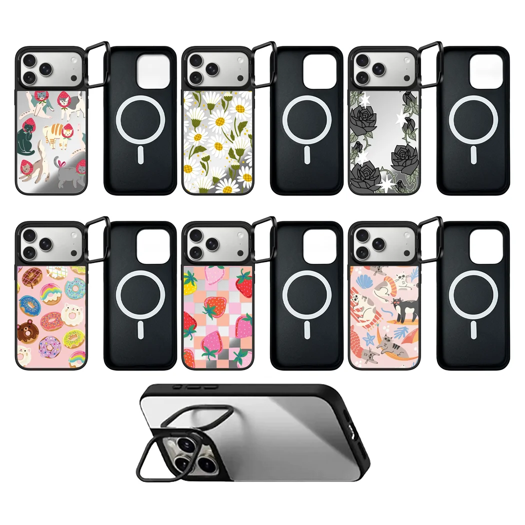 

Donut Strawberry Cat Pattern Camera Ring Stand Mirror Surface Phone Cover for IPhone 14 15 16 17 Pro Max Case for IPhone 17Pro